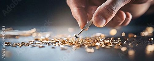 Intricate golden jewelry being crafted by a master artisan, hands deftly shaping the precious metal into delicate forms