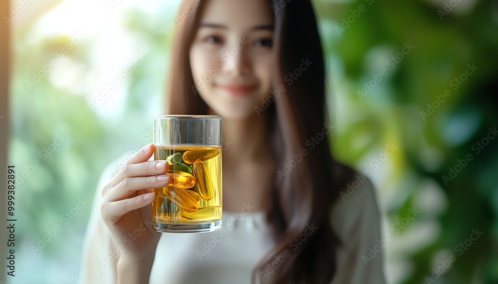Asian girl holding fish oil pills for dietary supplementation, glass of water for vitamin intake, at home, focusing on skin, hair, and nail health Asian girl holding fish oil pills for dietary supplementation, glass of water for vitamin intake, at home, focusing on skin, hair, and nail health