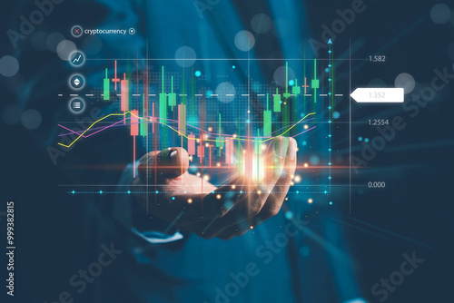 Businessmen investor think before buying stock market investment using smartphone to analyze trading data. trader is showing a growing virtual hologram stock on smartphone. Financial stock market.