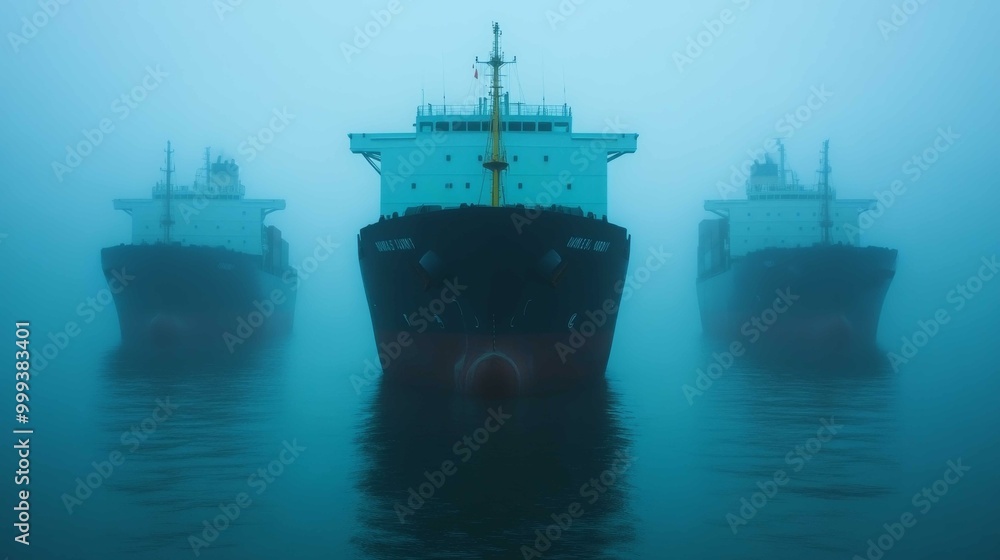 Three large ships emerge from thick fog over calm waters, creating a mysterious and atmospheric scene.