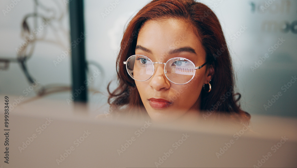Business, woman and reading on computer in office for financial report, online research and budget planning. Female person, glasses and hr on pc with legal information, data entry and review proposal Business, woman and reading on computer in office for financial report, online research and budget planning. Female person, glasses and hr on pc with legal information, data entry and review proposal