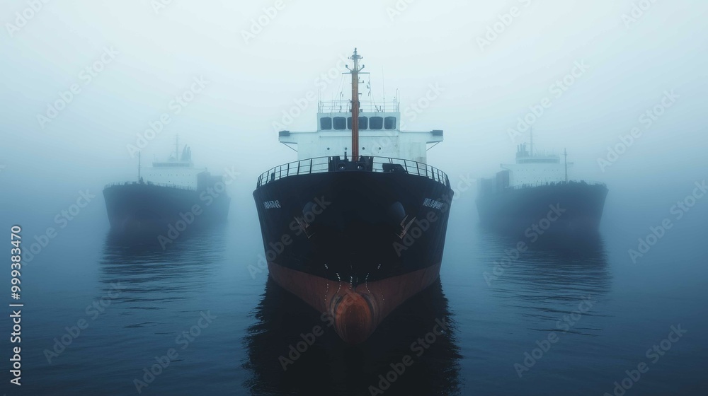 Three silhouetted ships emerge from a dense fog, creating a mysterious, serene atmosphere on calm waters.
