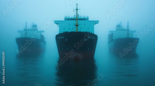 Obraz na płótnie Three large ships emerge from thick fog over calm waters, creating a mysterious and atmospheric scene. w salonie