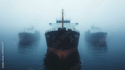 Obraz na płótnie Three silhouetted ships emerge from a dense fog, creating a mysterious, serene atmosphere on calm waters. w salonie