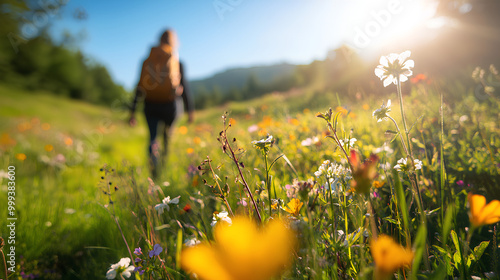 Fototapeta Naklejka Na Ścianę i Meble -  Person hiking through vibrant spring fields with blooming flowers and lush greenery under bright sunlight
