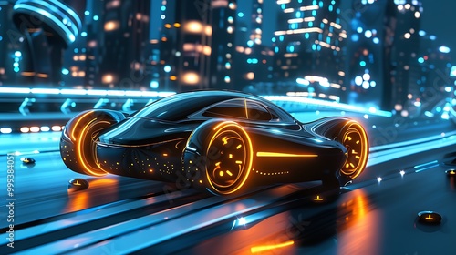 A futuristic car with glowing accents in a neon-lit cityscape.