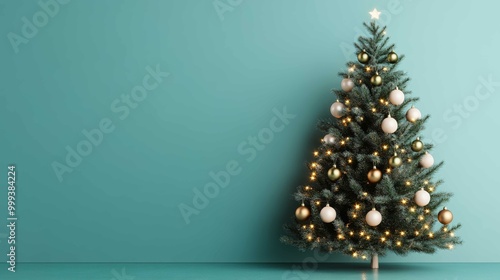 Obraz na płótnie A beautifully decorated Christmas tree stands against a teal wall, adorned with golden and white ornaments, creating a festive atmosphere. w salonie