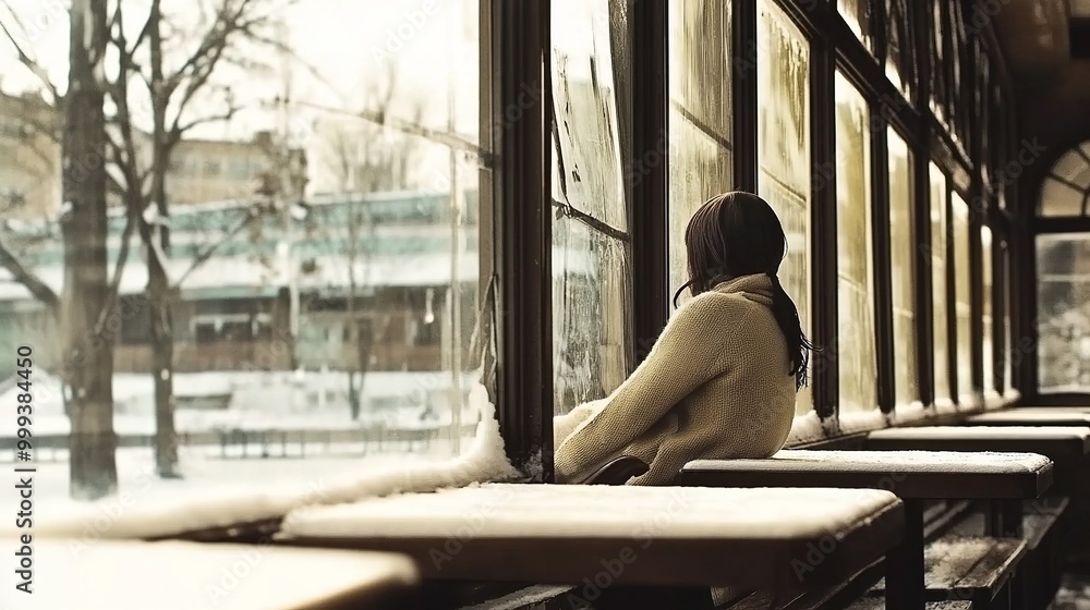 Woman in pullover sitting at the table and looking at window in a cafe Woman in pullover sitting at the table and looking at window in a cafe