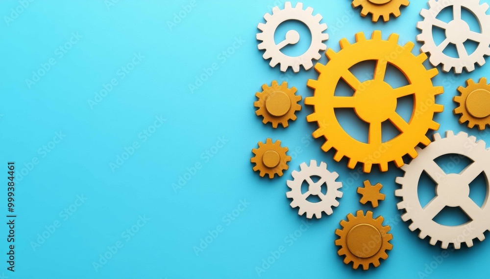 Colorful array of gears arranged on a blue background, symbolizing mechanical engineering and innovation. Colorful array of gears arranged on a blue background, symbolizing mechanical engineering and innovation.