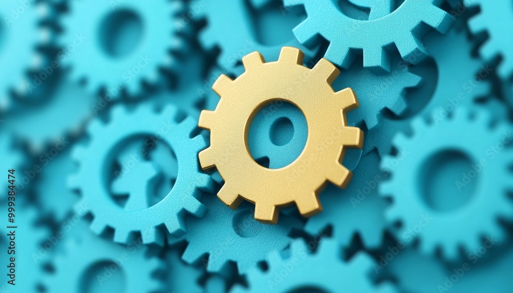 A golden gear stands out among a background of turquoise gears, symbolizing innovation and collaboration in mechanics and engineering. A golden gear stands out among a background of turquoise gears, symbolizing innovation and collaboration in mechanics and engineering.