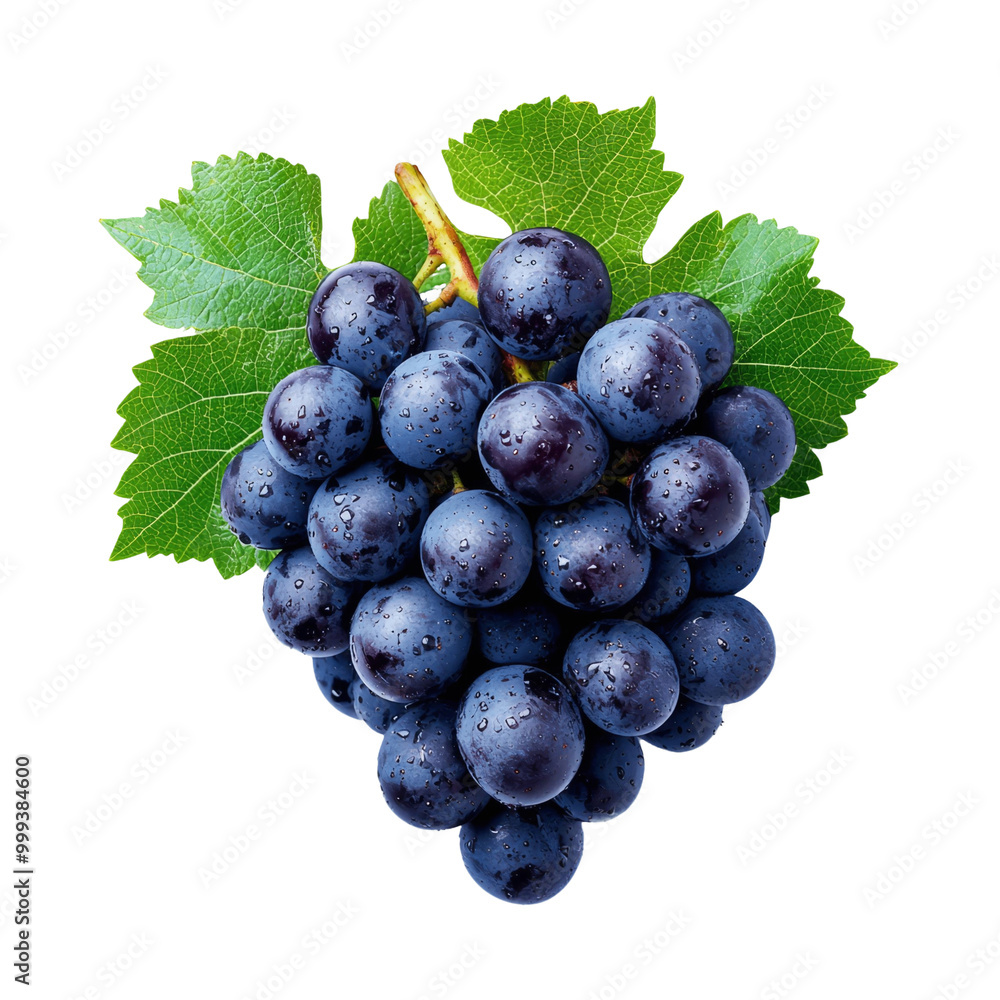 Fototapeta premium Fresh, juicy cluster of blue grapes with droplets of water, showcasing vibrant colors and lush green leaves, perfect for healthy snacking or culinary use