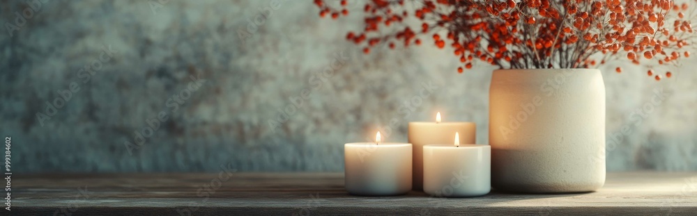 A serene tabletop scene featuring a vase of dried flowers and three glowing candles against a textured background. A serene tabletop scene featuring a vase of dried flowers and three glowing candles against a textured background.