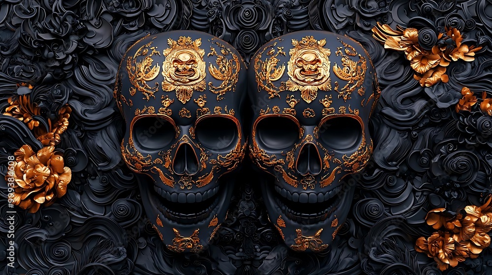Intricate black and gold skulls surrounded by dark floral patterns create a striking visual for art and Halloween themes. Intricate black and gold skulls surrounded by dark floral patterns create a striking visual for art and Halloween themes.