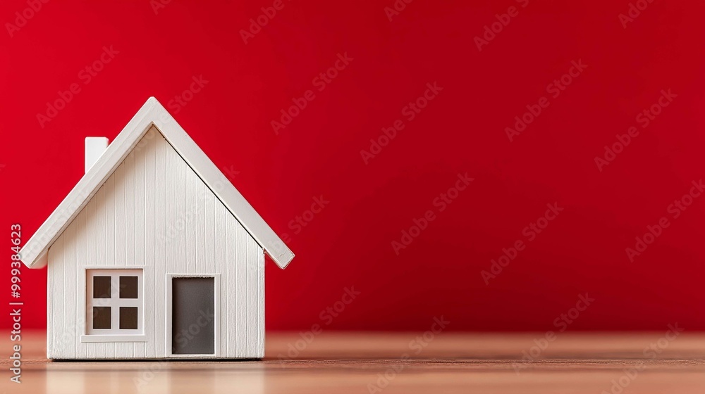 A minimalist wooden house model against a bright red background, showcasing simplicity and design elegance.