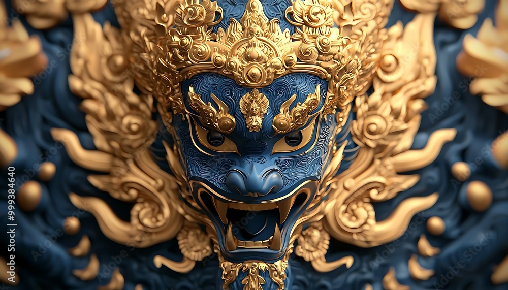 Fototapeta premium Intricate blue and gold sculpture depicting a mythological creature, showcasing detailed artistry and cultural significance.