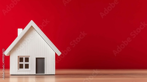 Obraz na płótnie A minimalist wooden house model against a bright red background, showcasing simplicity and design elegance. w salonie