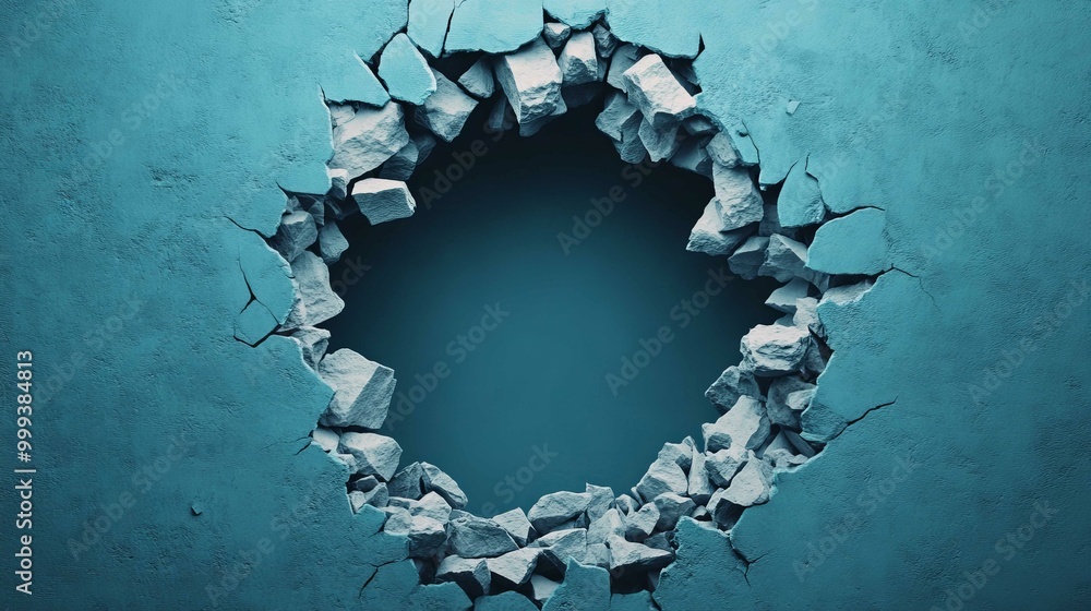 A circular hole in a textured blue wall, surrounded by rough, crumbling edges, creating an intriguing visual contrast.