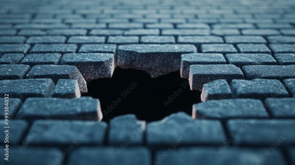 A close-up of a cobblestone surface featuring a prominent hole, illustrating wear and erosion within the paving.