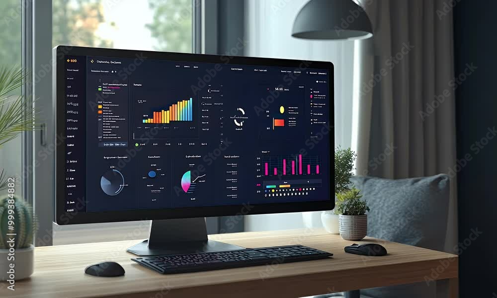 A modern computer monitor displaying a data analytics dashboard with ...