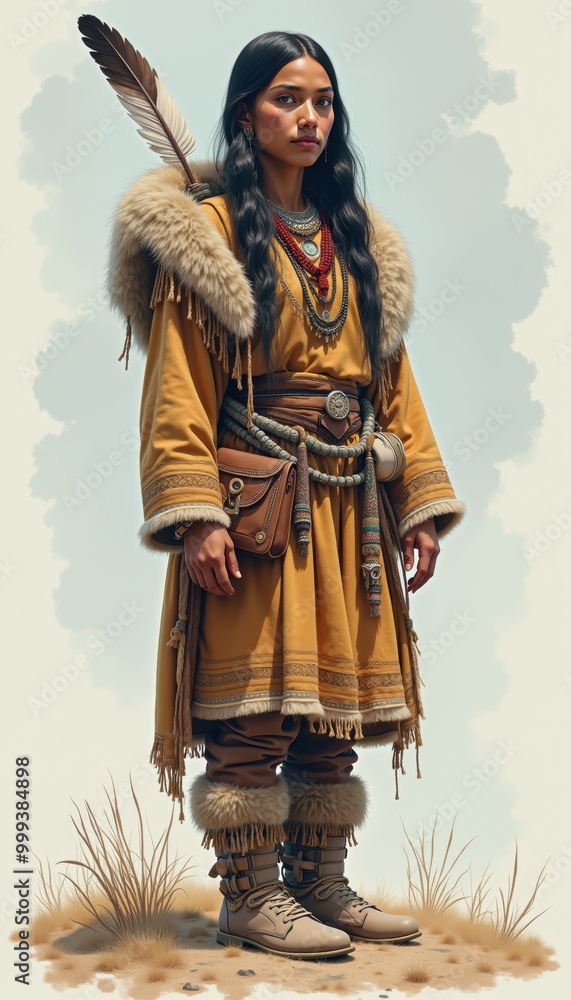 Fototapeta premium A portrait of a Native American woman in traditional attire, showcasing cultural heritage and craftsmanship, ideal for educational, historical, and cultural projects.