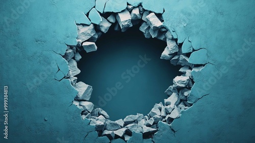 Obraz na płótnie A circular hole in a textured blue wall, surrounded by rough, crumbling edges, creating an intriguing visual contrast. w salonie