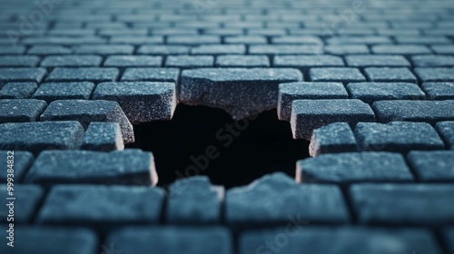Obraz na płótnie A close-up of a cobblestone surface featuring a prominent hole, illustrating wear and erosion within the paving. w salonie