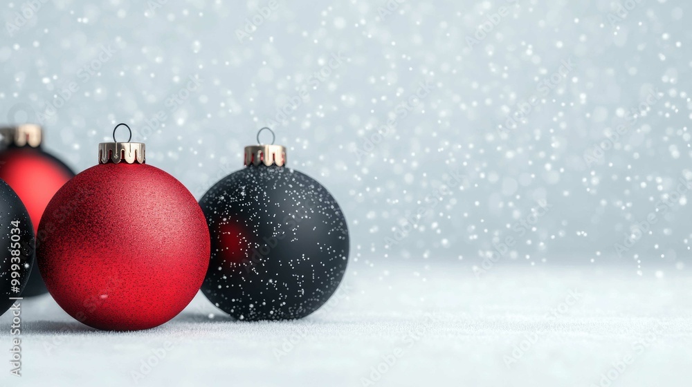 A festive scene featuring red and black Christmas ornaments with falling snow, creating a cheerful winter atmosphere. A festive scene featuring red and black Christmas ornaments with falling snow, creating a cheerful winter atmosphere.