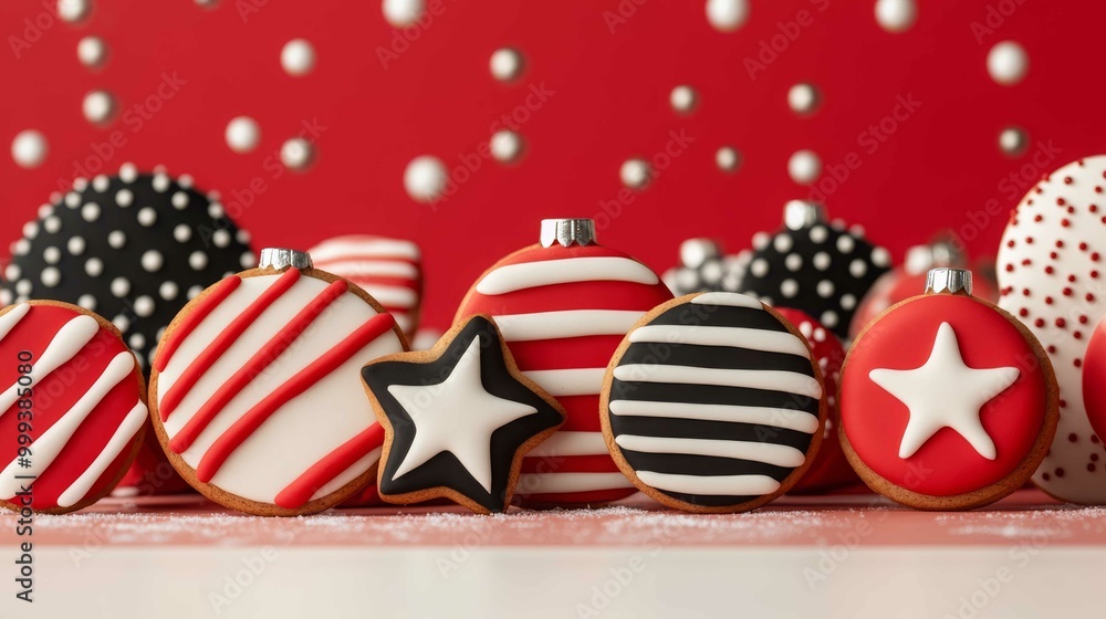 Obraz premium Colorful holiday cookies decorated like ornaments, displayed against a bright red background with a festive, cheerful vibe.