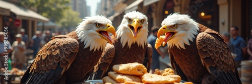 Three majestic eagles adorably sharing a feast in a vibrant city setting, showcasing nature's beauty in an urban environment. Perfect for wildlife and urban lifestyle themes. photo