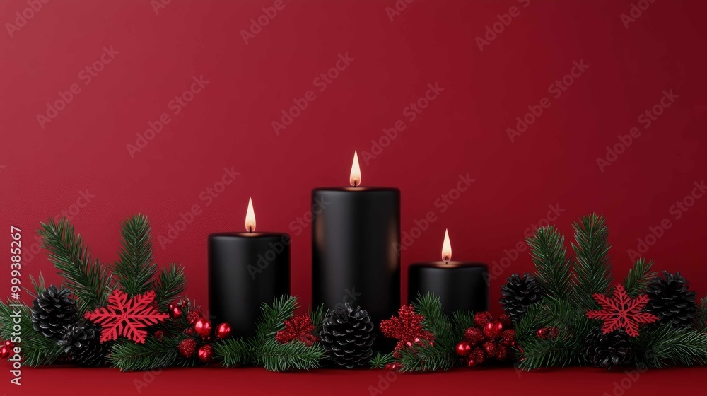 Three black candles lit on a festive arrangement of greenery, pine cones, and red flowers against a deep red background.