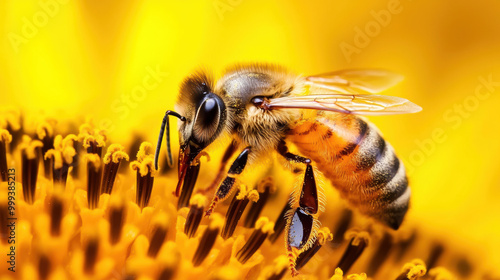 close up of bee pollinating bright yellow sunflower, showcasing intricate details of its body and vibrant flower. This image captures beauty of nature and essential role of bees in ecosystem