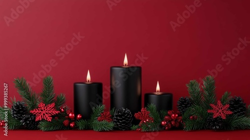 Obraz na płótnie Three black candles lit on a festive arrangement of greenery, pine cones, and red flowers against a deep red background. w salonie