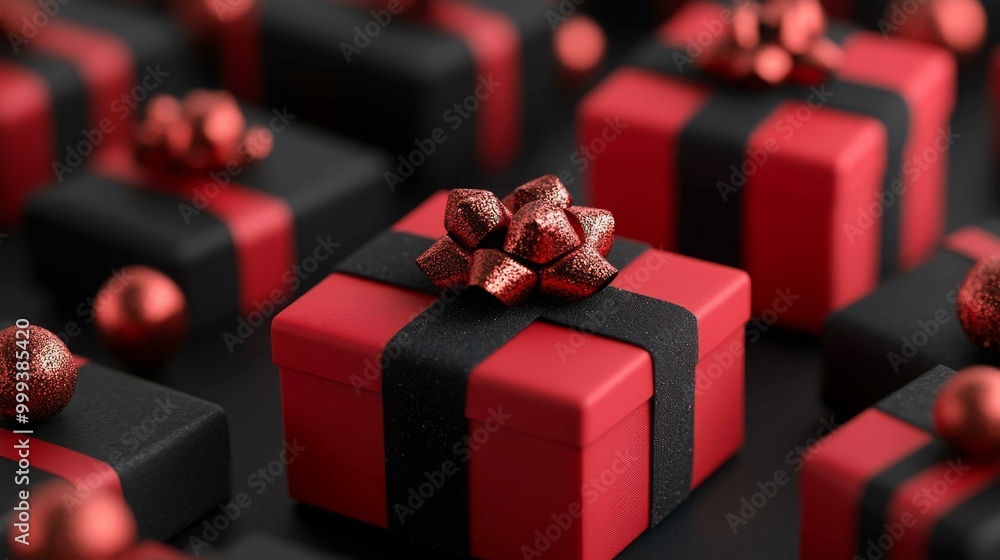 A collection of beautifully wrapped red and black gifts with decorative bows, creating a festive and elegant atmosphere.