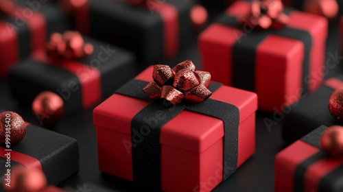 Obraz na płótnie A collection of beautifully wrapped red and black gifts with decorative bows, creating a festive and elegant atmosphere. w salonie