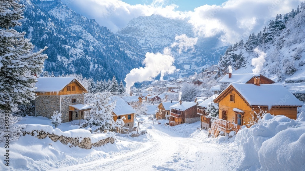 Fototapeta premium Cozy alpine village with snow-covered wooden cabins