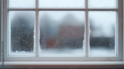 A close-up view of a frosted windowpane, showcasing condensation and frost patterns, creating a blurred background effect.