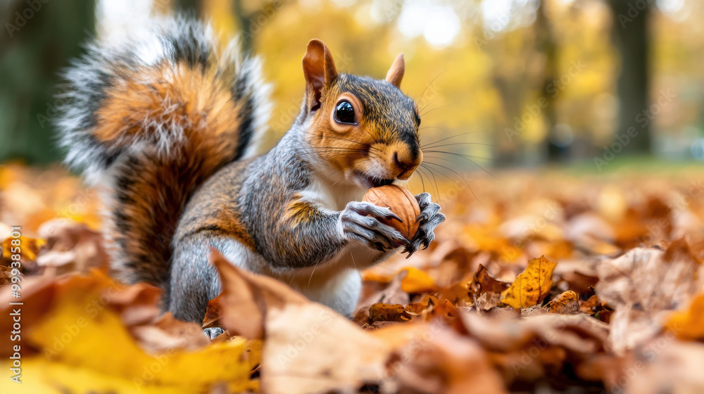 close up of squirrel holding nut, surrounded by autumn leaves, captures essence of natures beauty. vibrant colors and playful expression evoke sense of joy and curiosity close up of squirrel holding nut, surrounded by autumn leaves, captures essence of natures beauty. vibrant colors and playful expression evoke sense of joy and curiosity
