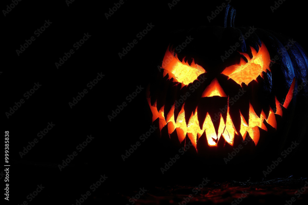 Fototapeta premium Fanged jack-o'-lantern isolated in the dark.