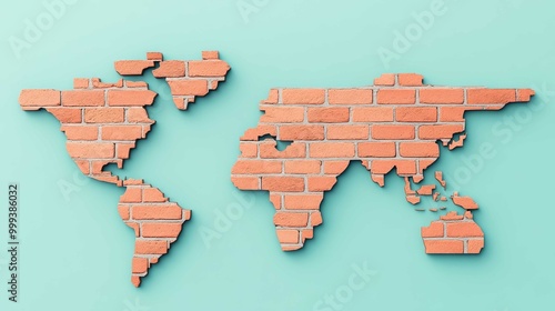 A stylized world map made of brick, set against a light turquoise background, combining elements of construction and geography.