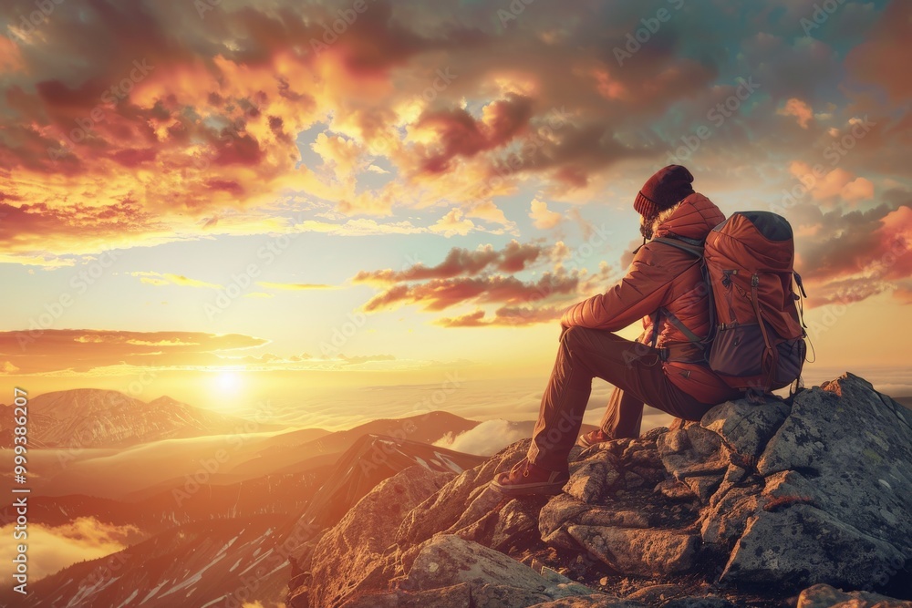 Obraz premium A man is sitting on a rock with his backpack on, looking out at the sunset, generative ai image