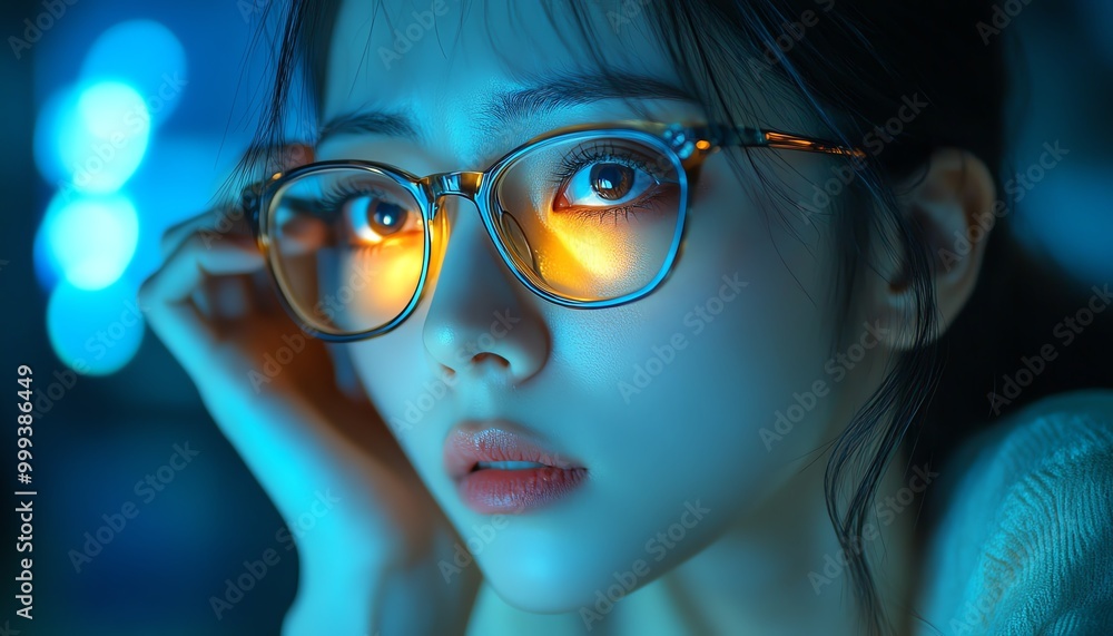 Young Asian woman with blurry vision and eye strain, tired eyes rubbed for relief, experiencing dry eye and migraine symptoms after long laptop use, glasses on Young Asian woman with blurry vision and eye strain, tired eyes rubbed for relief, experiencing dry eye and migraine symptoms after long laptop use, glasses on