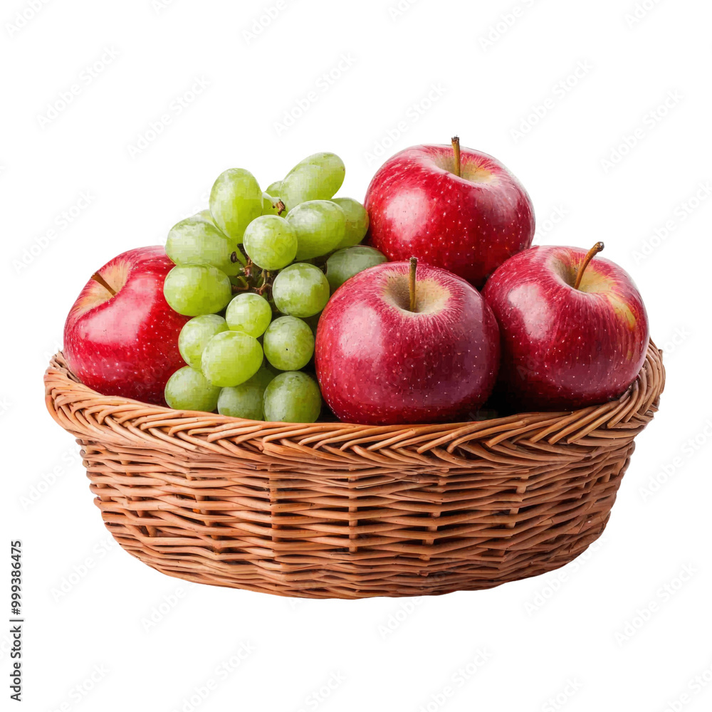 Fresh red apples and green grapes are beautifully arranged in natural wicker basket, creating vibrant and inviting display of fruit. This delightful composition evokes sense of abundance and health