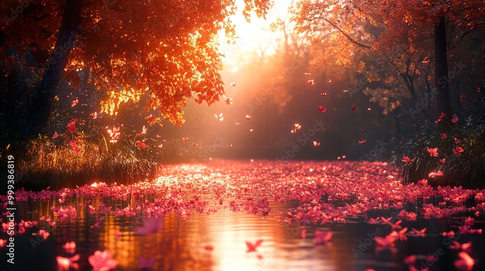Autumn River with Falling Leaves: A Tranquil Scene Autumn River with Falling Leaves: A Tranquil Scene