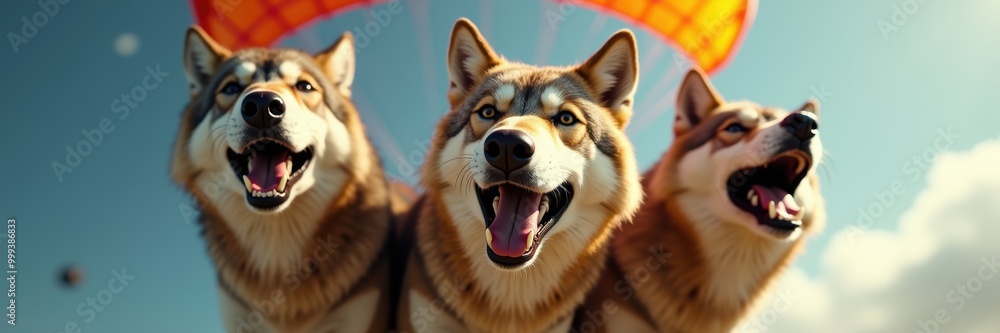 Fototapeta premium Three joyful dogs with colorful parachutes soar against a clear blue sky, capturing the thrill of adventure and companionship.