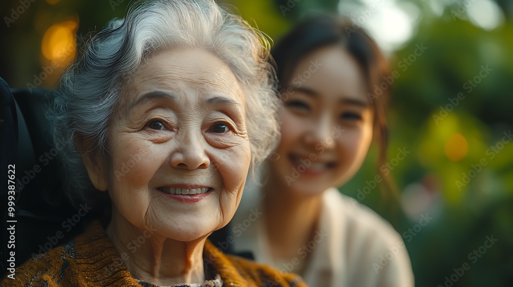 Happy nurse caring for elderly woman in a wheelchair. Young female pushing senior retirement nursing home patient in a wheelchair outdoors in a garden Happy nurse caring for elderly woman in a wheelchair. Young female pushing senior retirement nursing home patient in a wheelchair outdoors in a garden