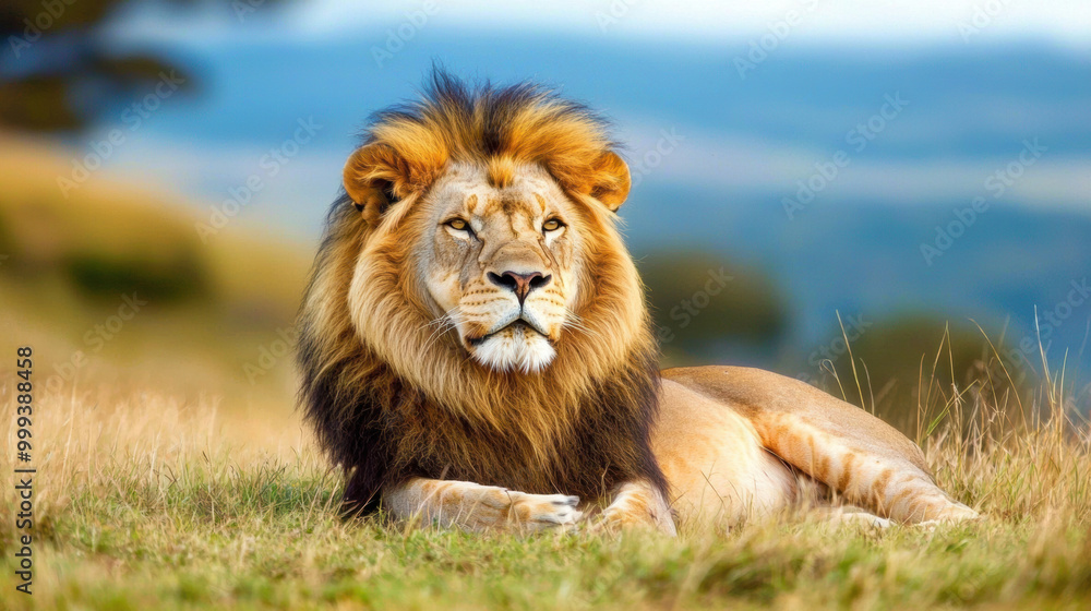 Majestic lion resting in grass of Africa, showcasing its powerful presence and stunning mane. This serene moment captures beauty of wildlife in its natural habitat Majestic lion resting in grass of Africa, showcasing its powerful presence and stunning mane. This serene moment captures beauty of wildlife in its natural habitat