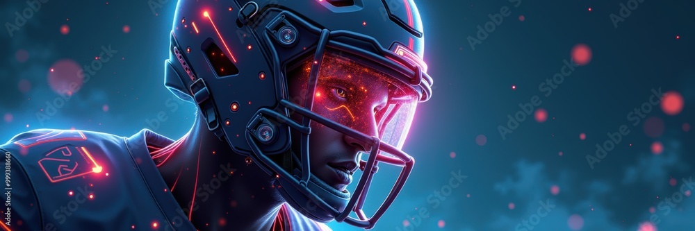 A dynamic illustration of a football player in a futuristic helmet, showcasing intensity and focus, perfect for sports marketing, gaming, or technology promotions. A dynamic illustration of a football player in a futuristic helmet, showcasing intensity and focus, perfect for sports marketing, gaming, or technology promotions.