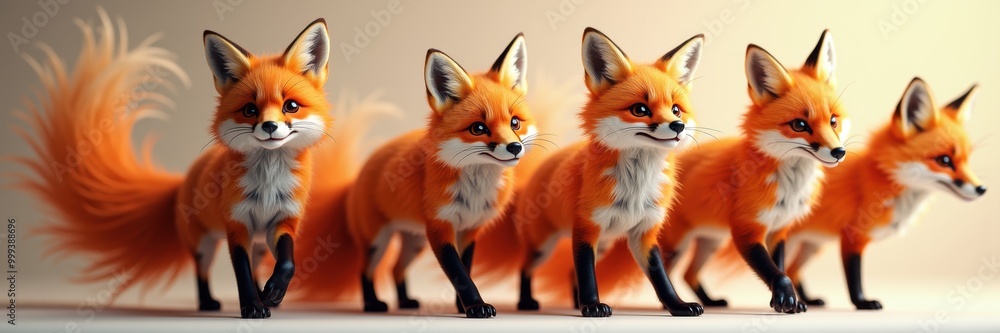 Obraz premium A charming collection of stylized fox figurines, showcasing vibrant orange hues and playful poses, perfect for creative projects or animal-themed designs.