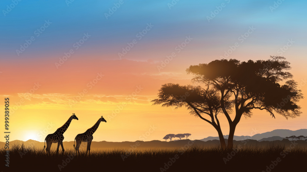 serene sunset view of savannah featuring two giraffes silhouetted against colorful sky, with large tree in foreground. tranquil scene evokes sense of peace and natural beauty serene sunset view of savannah featuring two giraffes silhouetted against colorful sky, with large tree in foreground. tranquil scene evokes sense of peace and natural beauty
