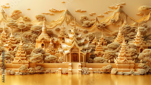 Golden Landscape with Ancient Temples and Mountains